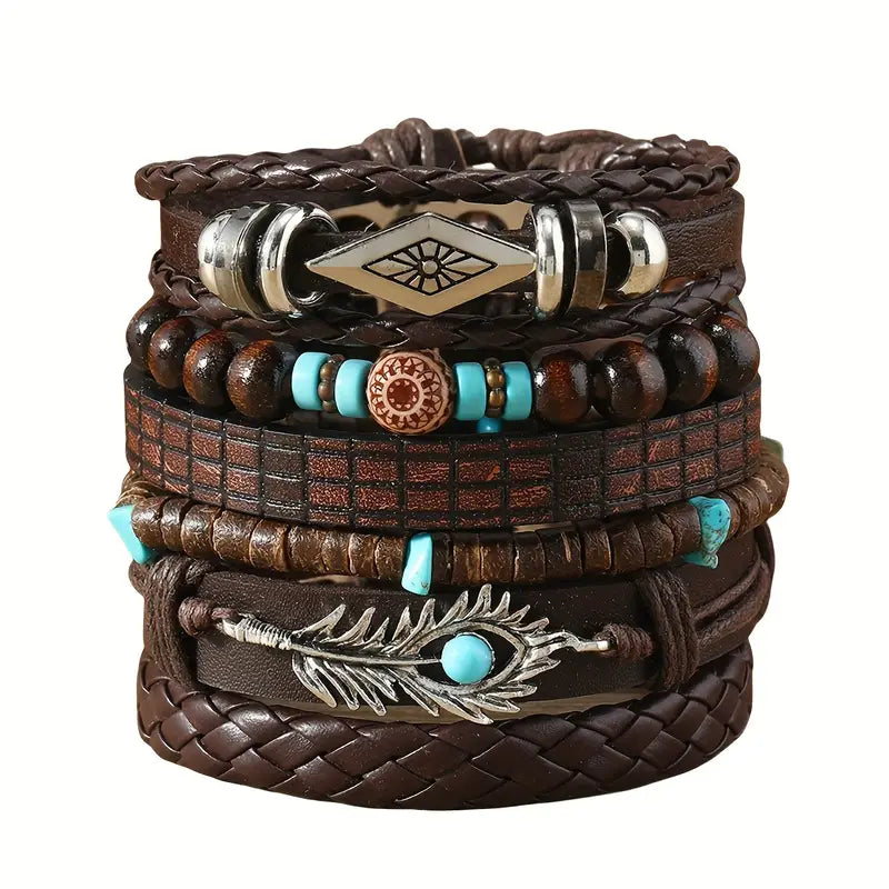 Tribal Spirit Leather & Beads Bracelet Set