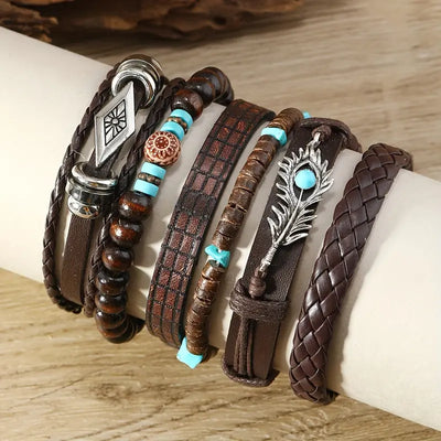 Tribal Spirit Leather & Beads Bracelet Set