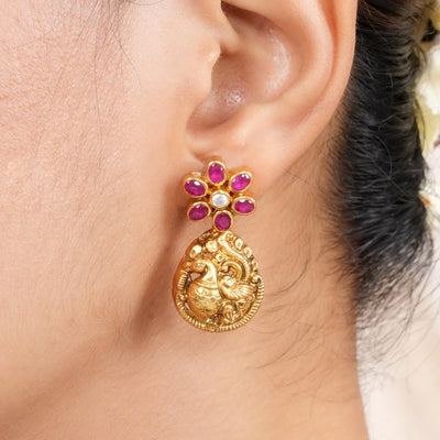 Pink Zirconia Gold Peacock Earrings