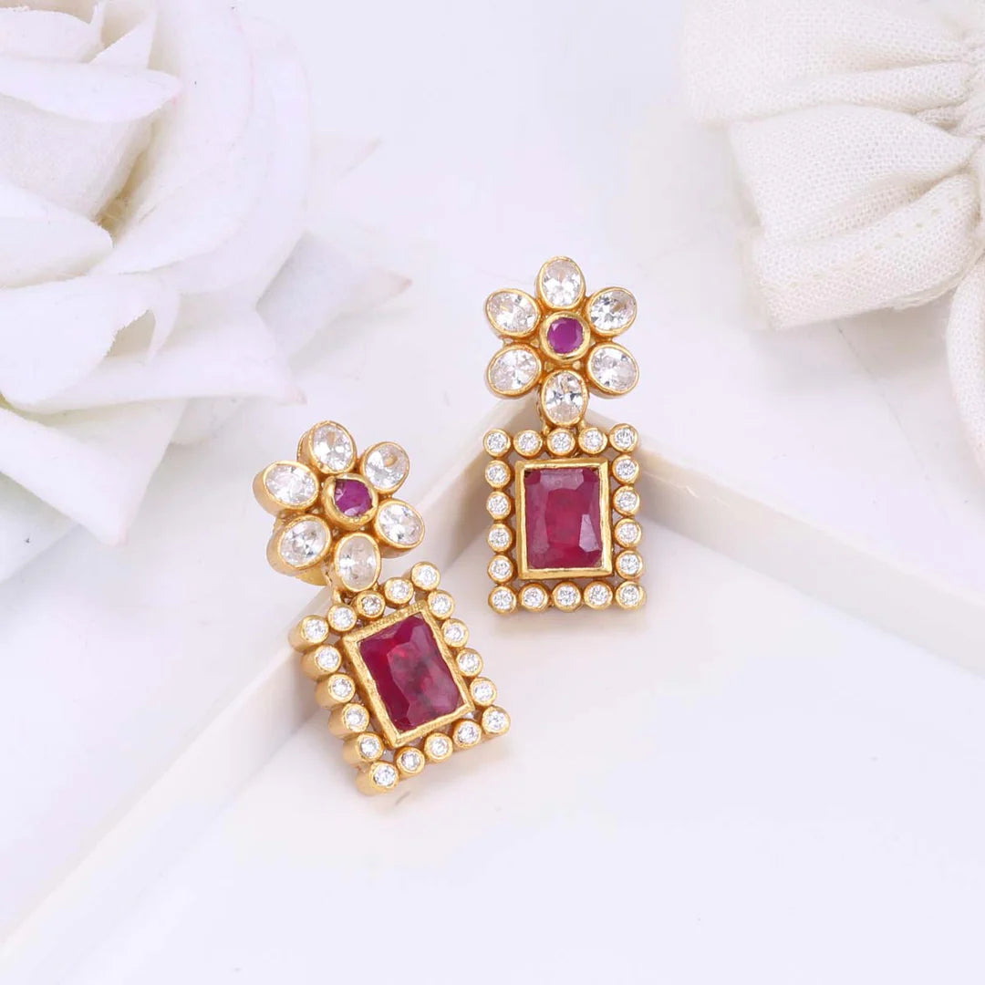 Red Flower Square Earrings