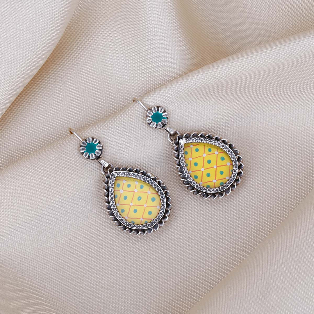 Yellow Mandala Drop Silver Earrings