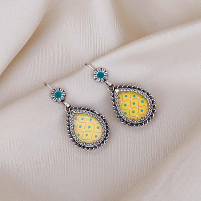 Yellow Mandala Drop Silver Earrings