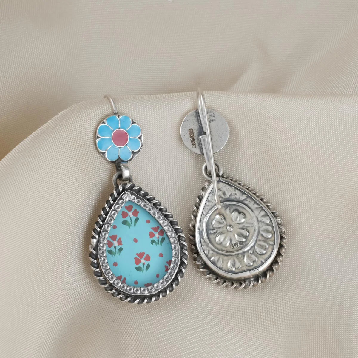 Blue Mandala Drop Silver Earrings