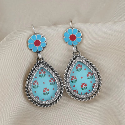 Blue Mandala Drop Silver Earrings