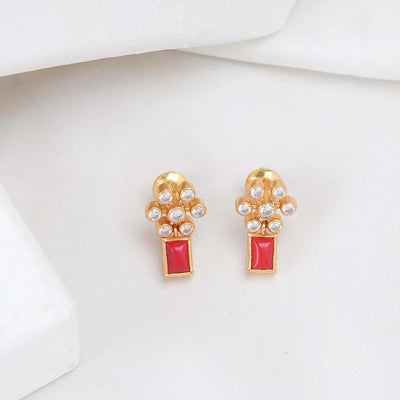 Red Square Zirconia Gold Earrings