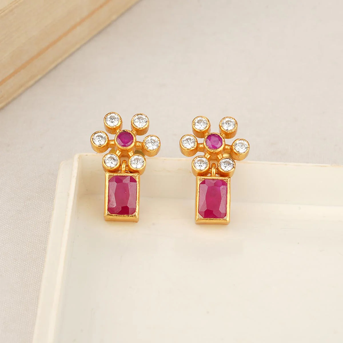 Red Square Stone Crystal Earrings