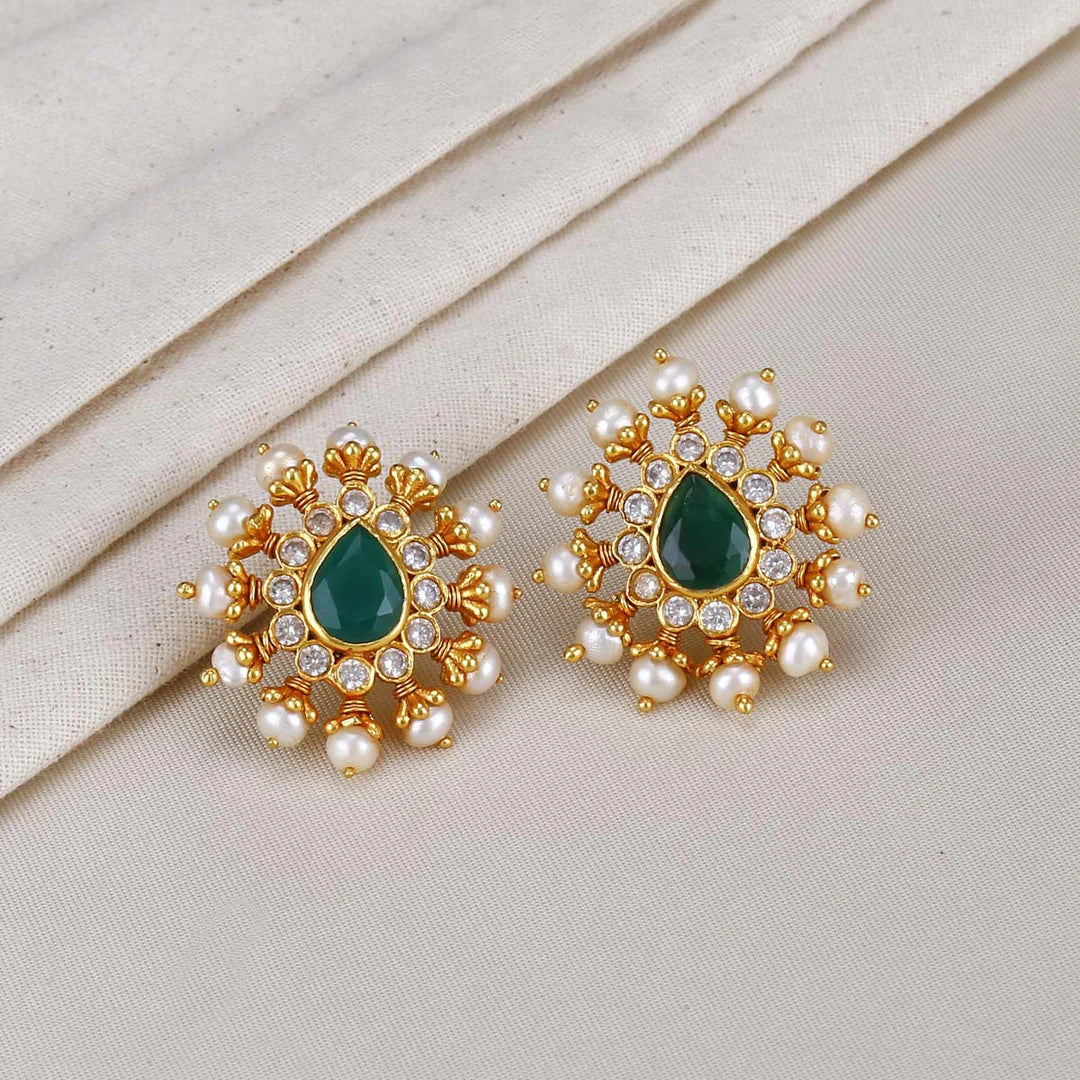 Green Drop Pearl Flower Earrings