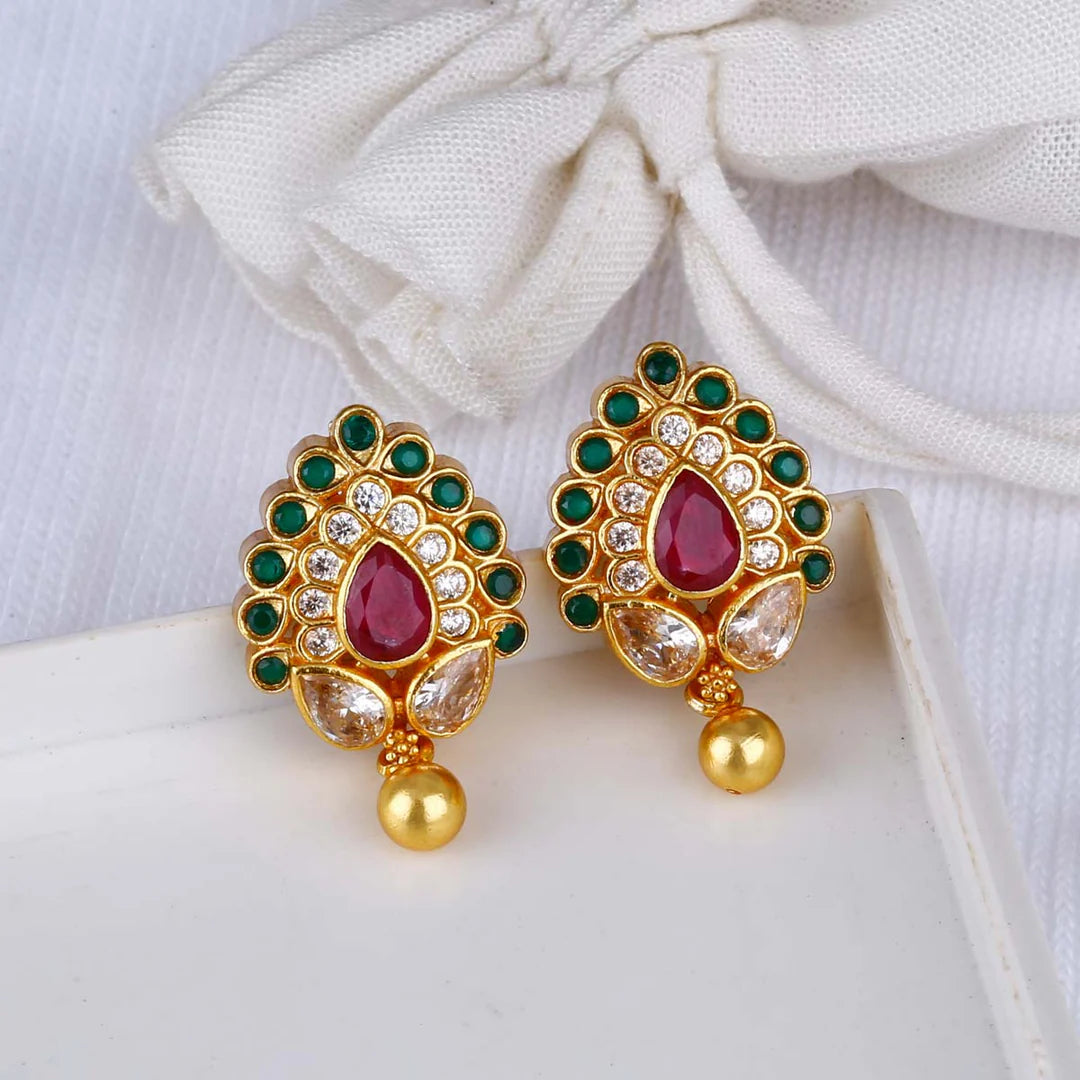 Green & Red Pearl Gold Earrings