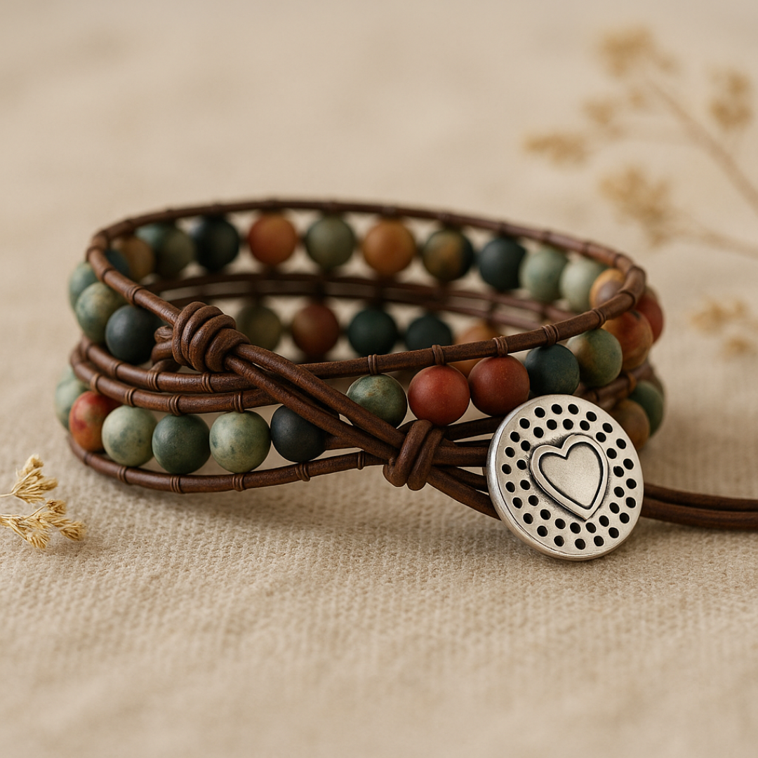 Semi-Precious Gemstones "LOVE" Leather Wrap Bracelet