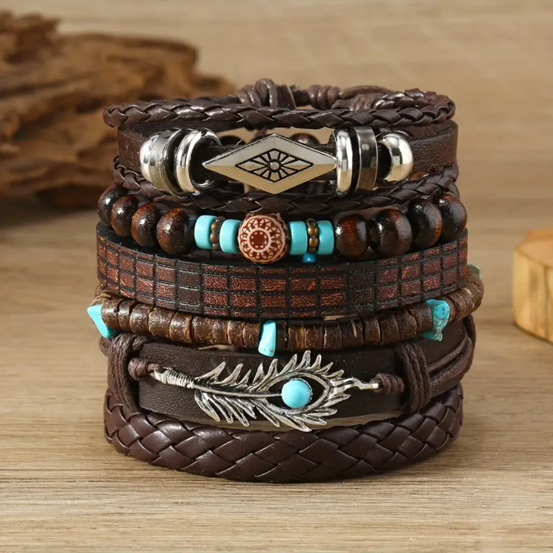 Tribal Spirit Leather & Beads Bracelet Set